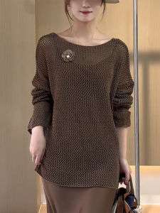 QINGNAER | Oversized Vintage Knit Sweater Brown Lace See-Through