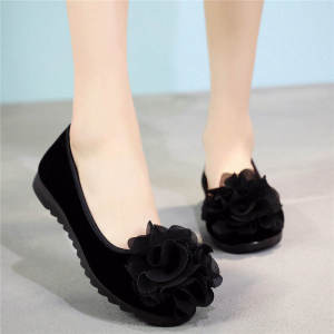 รองเท้าผ้าปักลายดอกไม้พื้นแบนสำหรับผู้หญิง รองเท้าทำงาน ส้นแบน รองเท้าพื้นยางแบบสวมหัวกลม พื้นรองเท้าทำจากยาง พื้นรองเท้าแบบสวมหัวกลม