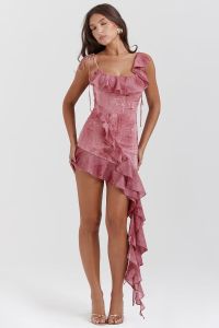 Houseof/Fall Series French Atmosphere Sweet Cool Pink Printing Ruffles Ribbon Sling Dress