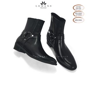 Giày da bò Harness Boots LeMans gót cao 6cm vân phíp gỗ khóa kéo YKK logo gầm độc quyền bảo hành 24 tháng