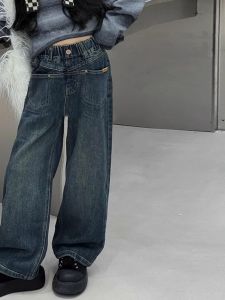 กางเกงยีนส์ทรงตรงสำหรับเด็กผู้หญิง กางเกงขายาวทรงหลวมสบายๆ สำหรับเด็กวัยกลางคนและวัยโต แฟชั่นฤดูใบไม้ผลิและฤดูใบไม้ร่วง