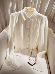 Elegant White Knitted Open Cardigan Womens Early Spring Design High-End Sensation Waist-Cinching Top for Lady Commuter