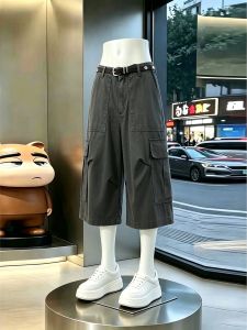 ZHUOCAN | American Workwear Style Gray Loose Straight Leg Shorts