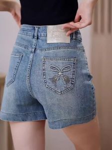 High Waist A-Line Short Jeans Womens Summer New Style Embroidered Loose Fit Thin Outerwear Hot Pants Blue Denim Fabric