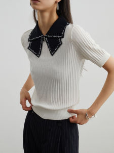 Black and White Contrast Bow Beautiful Knit Tee Short Sleeve Top