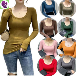 Áo Thun Mùa Thu Áo Thun Nữ Dài Tay Ôm Sát Cổ Chữ U Co Giãn Cao Áo Nữ Bó Màu Trơn Thường Ngày Ngoại Cỡ Áo Lót Nữ Gợi Cảm Hàn Quốc