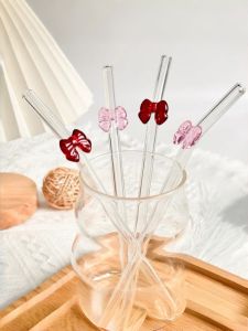 1/3/7PCS Elegant Reusable Bent Glass Straw & Bow Design Ideal for Milk Tea Cocktails Drinks Festive Party Atmosphere Gift