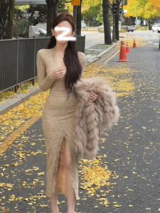 Knee-Length V-Neck Lace Dress Womens Autumn Winter New Style Pure Desire Waist-Cinching Slimming Bodycon Skirt A-Line Dress