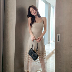 IELGY womens inner mesh stitching ice silk knitted sleeveless vest dress