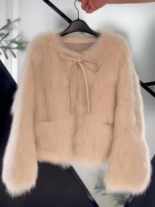 QFN | Trendy Vintage Style Eco-Fur Coat Short Bow Design Rich Girl Style Jacket