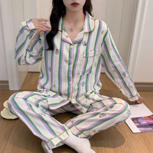Spring Autumn Womens Sleepwear Set with Chest Pad Cartoon Striped Elephant Long Sleeve Open Cardigan Long Pants Home Clothes