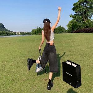 QIAOMIDUO | กางเกงยีนส์ทรงหลวมเอวสูง ทรงขากระบอก ทรงเข้ารูป ทรงฤดูร้อน กางเกงขายาวทรงเข้ารูปสำหรับผู้หญิง ทรงลำลอง สีน้ำเงินเข้ม