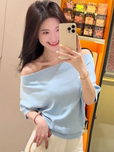 Korean Style Sweet One Shoulder Short Sleeve Knitted Shirt Womens Summer New Loose Top Breathable Comfortable Fashionable