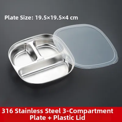 Thickened Deepened 304 Stainless Steel Compartmentalized Dinner Plate Kindergarten Style Large Capacity Covered for Children And Adults