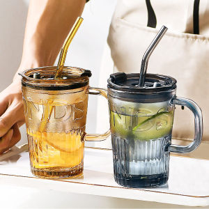 Modern Minimalist Glass Straw Cup for Women with Handle And Lid for Office Coffee Juice Milk Tea Home Use 400ml Universal