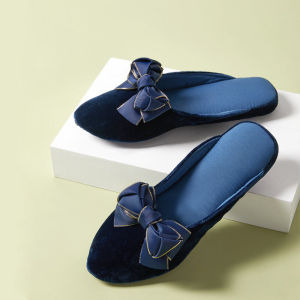 Velvet Butterfly Knot Indoor Home Slippers Womens Waterproof Non-Slip Silent Soft Bottom All Cotton Breathable Absorbent High End