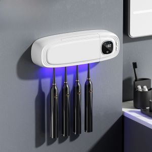 2025 New Gray Automatic UV Disinfection Toothbrush Holder Wall Mounted Tooth Cup Storage Rack Intelligent No Punching Required