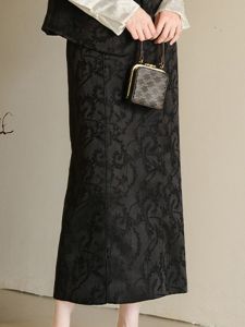 High Waist Black Asymmetrical Skirt Womens New Style National Trend One-Step Skirt Versatile Polyester Long Skirt