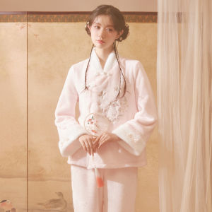 ชุดนอนผ้าฟลานเนลคอรัลขนแกะสไตล์จีนใหม่ RoseTree ชุดนอนผ้าฝ้ายผสมโพลีเอสเตอร์สำหรับผู้หญิงในฤดูหนาว