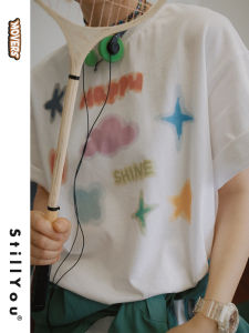STILLYOU Original Dreamy Night Sky Graffiti Print round Neck Short Sleeve Loose Overhead Long Sleeve T-Shirt Women Street Style Cotton Tee