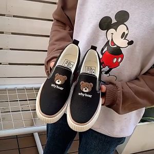 Sepatu Selop Slip On Korea Wanita Casual Shoes Beruang Why Teddy Bear Lucu Tanpa Tali Hitam Putih Kanvas Premium Quality Terbaru Kekinian