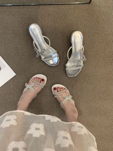 Stunning Fairy Tale Style High Heel Slippers for Women Summer 2025 Fashion Diamond Butterfly Knot Outdoor Wear with Skirts