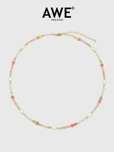 AWE Red Agate round Beads Colorful Crystal Womens Necklace French Vintage Luxury New Chinese Pearl Lockbone Chain Fashion Jewelry