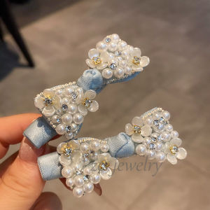 South Korea Heavy Industry Light Blue Pearl Shining Diamond Bow Edge Clip Niche Style Ins Side Cropped Hair Clip Hairpin New Hair Accessories