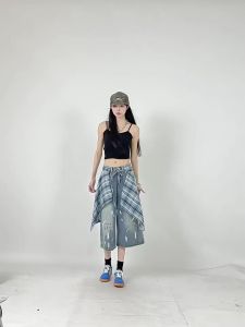MZVZ | Colorblock Checkered Ink Splash Denim Skirt-pants 7 Length