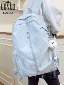 LUSUO | Girls Korean Style Polka Dot Star Blue Spacious Light Backpack