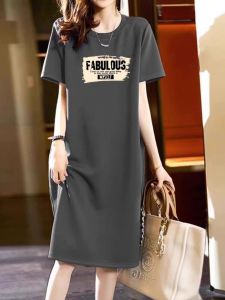 ชุดเดรสยาวแขนสั้นผ้าฝ้ายแท้ฤดูร้อน ทรงหลวม ครึ่งแข้ง ทรงเข้ารูป แขนสั้น คอตั้ง ความยาวปานกลาง เดรสทำงาน