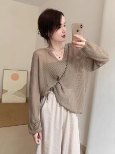 Loose Knitted Ice Silk Thin Top V-Neck Summer New Style Womens Casual Fashion Sun Protection Cover up Long Sleeve Full Length
