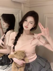 GUZILIAN | Sweet Pink Short Sleeve T-Shirt Women Summer Pure Desire Butterfly Knot Waist High Waist Puffy Skirt Set High Waist Puffy Skirt Set Short Sleeve T-Shirt Butterfly Knot Waist High Waist Puffy Skirt