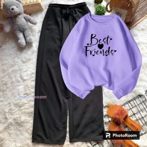 Setelan Sweater Oblong Wanita Atau Remaja Kekinian BEST FRIENDS Bahan FLEECE