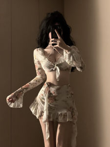 Original Retro Print Bikini Four-Piece Set Separate Swimsuit Womens Steel Support Gathered Handmade Flower Sash High-End Feel