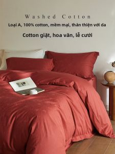 shui yang | Bộ Đồ Chăn Ga Gối 4 Món Cotton Jacquard Màu Đỏ Cưới Hỏi