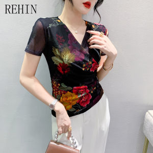 Rehin Áo thun tay ngắn cổ chữ V áo thun thời trang mùa hè dáng thon gọn nếp nhăn Áo cánh nữ phiên bản Hàn Quốc mới hợp thời trang và sành điệu