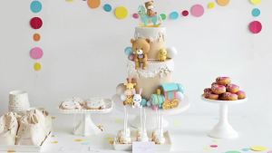 Macaron Color Trojan Bear Cake Decorations Seated Giraffe Rabbit Chick Locomotive Cake Toppers Baby Shower Gender Revealed Decor
