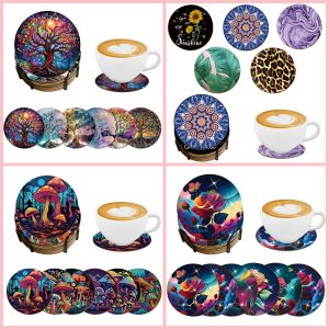 5/6 Pieces of round Coasters fir flower Pattern with bracket Wooden material Suitable for outdoor cafe desktop Decoration