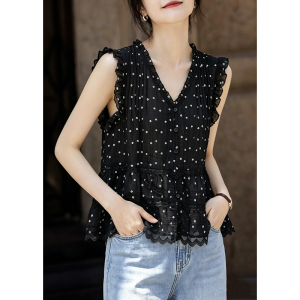 AEJUONOS | Korean Style Black Polka Dot Lace Trim Sleeveless Vest