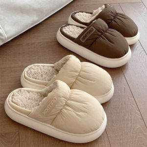 รองเท้าแตะผ้าฝ้ายเส้นเล็กสำหรับคู่รักรองเท้าขนสัตว์ใช้ในบ้านให้ความอบอุ่นพื้นหนากันลื่นมีสไตล์เฉพาะตัวสไตล์เกาหลีฮิตใน INS สำหรับผู้ชายและผู้หญิงฤดูหนาว