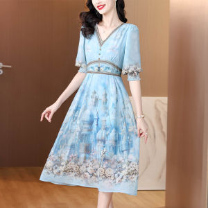Impression Fashion Store: Women's Elegant Chiffon & Retro V-neck Short Puff Sleeve Floral High Waist Slim A-line Pleated Midi Dress