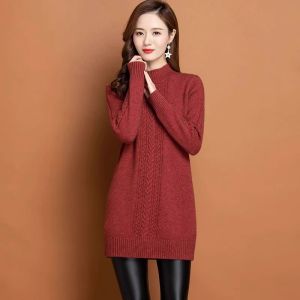 Womens Mid-Length Knitted Sweater Thickened Half-High Collar Autumn Winter Fashion Inner Wear with Skirt Commute Style Pure Color