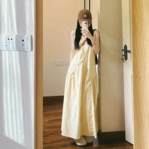 French Elegant Sleeveless Vest Dress Light Yellow Sweet Style Womens Summer Dopaamine Anti-aging Long Skirt A-line Dress