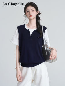 La Chapelle | Contrast Splicing Color Fake Two-Piece Design Knit T-Shirt Short Loose Crewneck