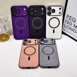 Luxury Tree Grain Leather Texture Magnetic Charge Phone Case For iPhone 18 17 16 15 14 13 Pro Max Plus For MagSafe Bumper Cover
