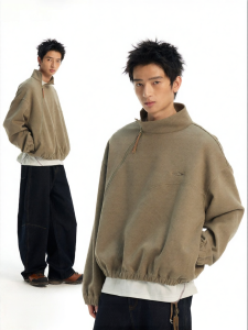 JNXS | Áo Hoodie Cổ Đứng Có Zip Nghiêng và Thêu Chất Liệu Nặng