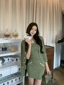 Spring Autumn Knitted Single Button Cardigan Vest High Waist Short Skirt Three Piece Set Small Fragrance Style High End Feeling