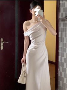 ชุดเดรสยาวผ้าซาตินอะซิเตท ทรงเอ ทรงเข้ารูป แขนกุด คอวี กระโปรงทรงหางปลา สำหรับผู้หญิง ชุดทำงานฤดูร้อน 2025