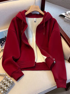 เสื้อแจ็คเก็ตฮู้ดคอกลมแขนยาวบางสีแดงสำหรับผู้หญิงในฤดูใบไม้ผลิและฤดูใบไม้ร่วง เสื้อคลุมคาร์ดิแกนสปอร์ตแบบลำลอง ซิป ทรงหลวม คอตตอน 95%
